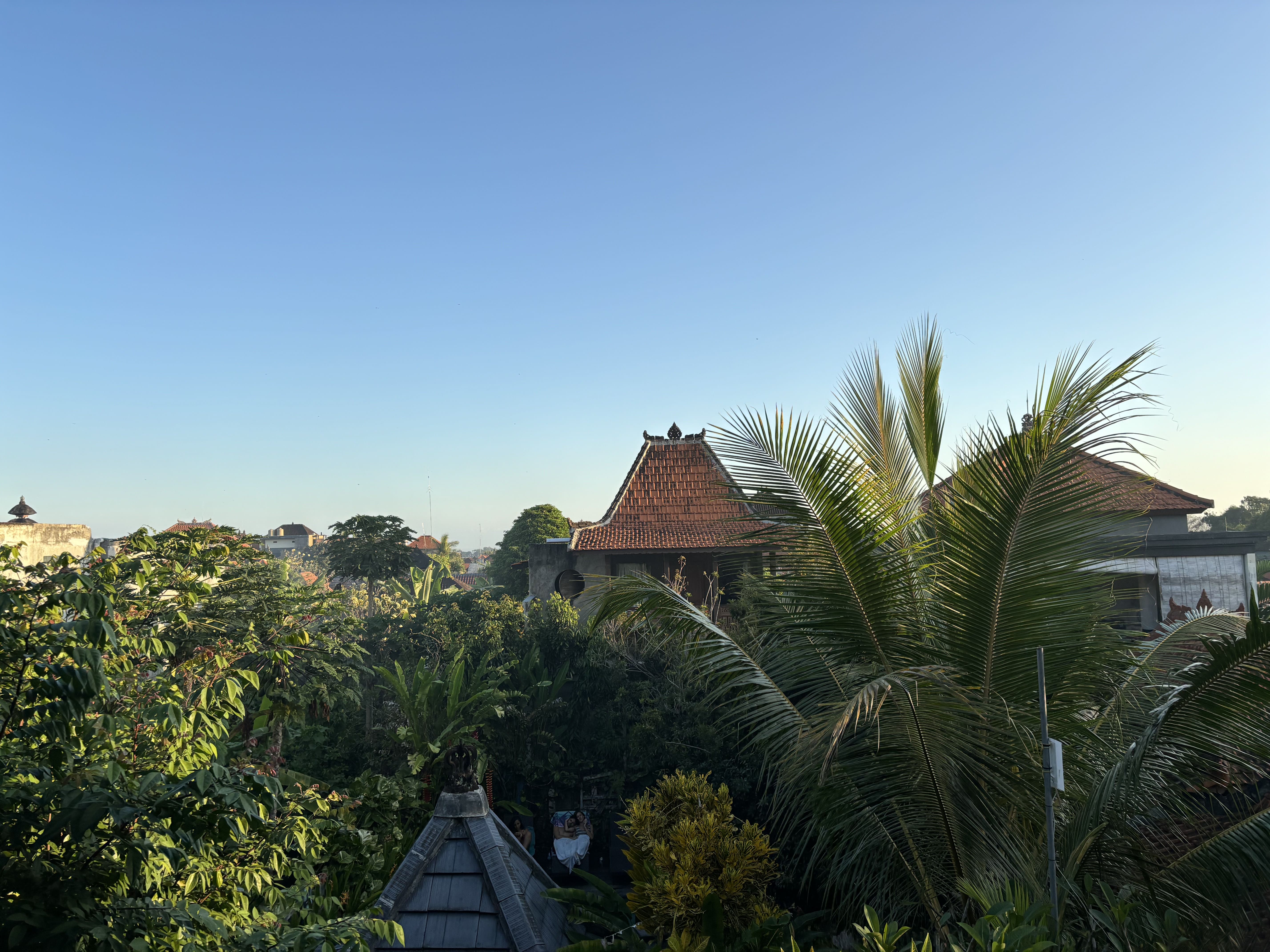 Panorama sui tetti tradizionali di Ubud immersi nella giungla tropicale, nel cuore culturale di Bali.