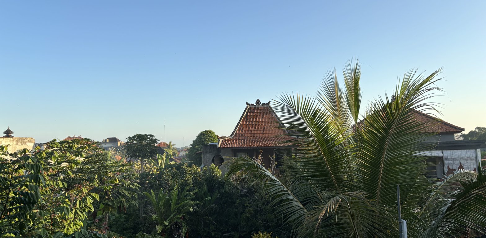 Panorama sui tetti tradizionali di Ubud immersi nella giungla tropicale, nel cuore culturale di Bali.